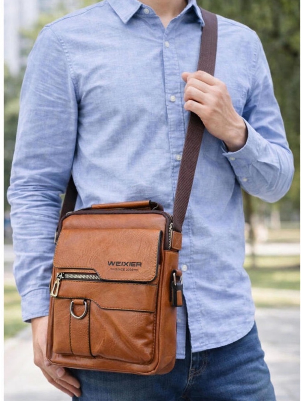 Weixier Leather Crossbody Messenger Bag Unisex Brown - Picture 10 of 11